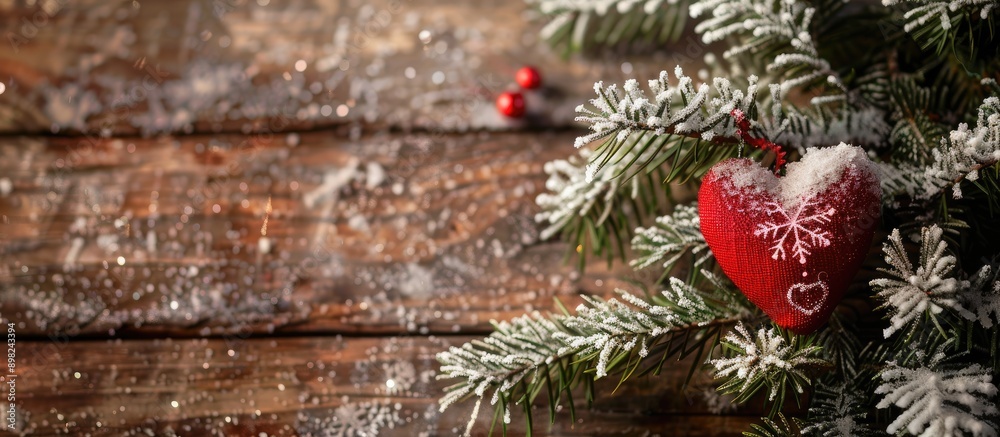 Aufkleber Top view of a Christmas tree branch covered in snow adorned with a heart ornament placed on a wooden table complete with copy space image
