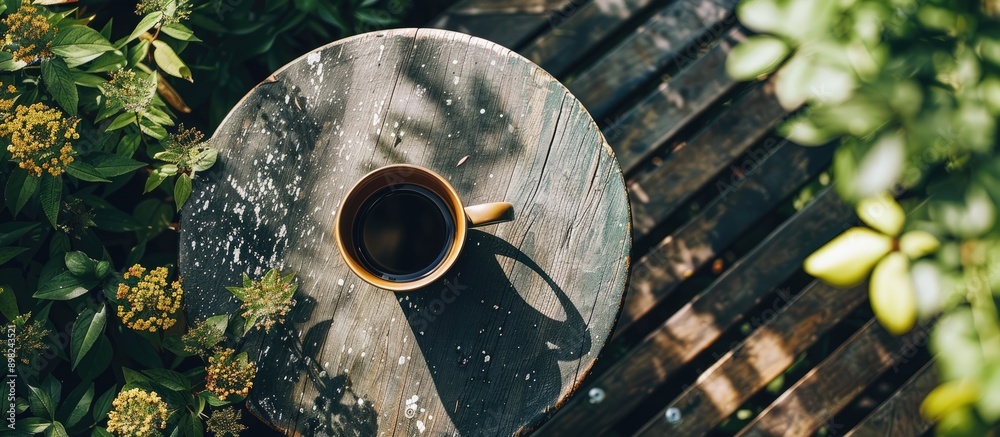 Poster top down view of a coffee cup placed on a tabletop in the garden with ample copy space in the image