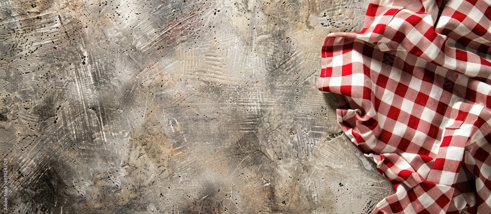Poster View from above of a checkered tablecloth on a concrete surface with space for images. Creative banner. Copyspace image