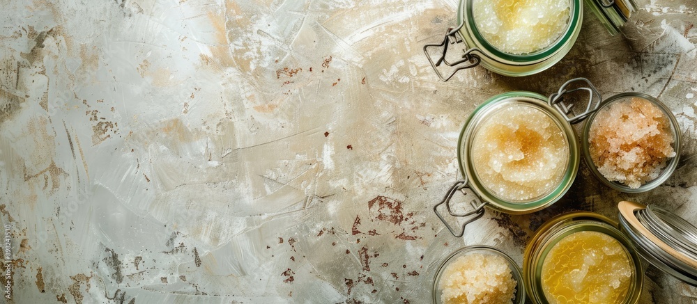 Poster body scrub jars displayed on a grunge background with copy space image