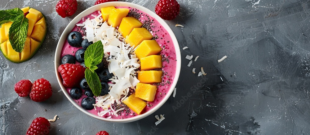 Poster Top view of a berry smoothie bowl with mango and coconut perfect for a copy space image