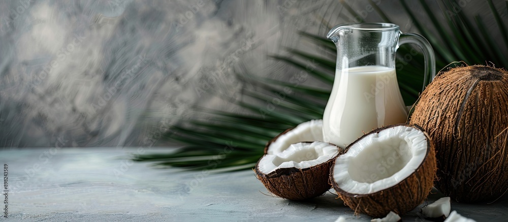 Poster coconut milk in a glass jug next to a coconut with a blank space for text or image. creative banner.
