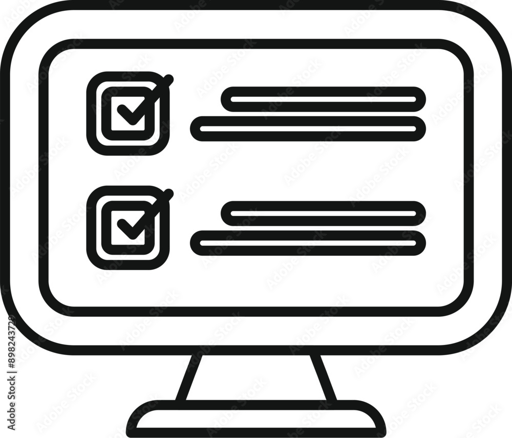 Poster simple line icon of a monitor displaying a survey with two completed checkboxes