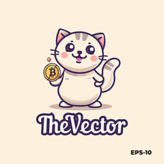 Cat holding coin logo, vector, mascot, character, cartoon, illustration