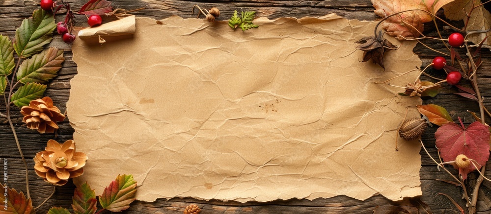 Poster Antique paper sheet with seasonal adornments and space for text against a rustic wooden backdrop. Creative banner. Copyspace image
