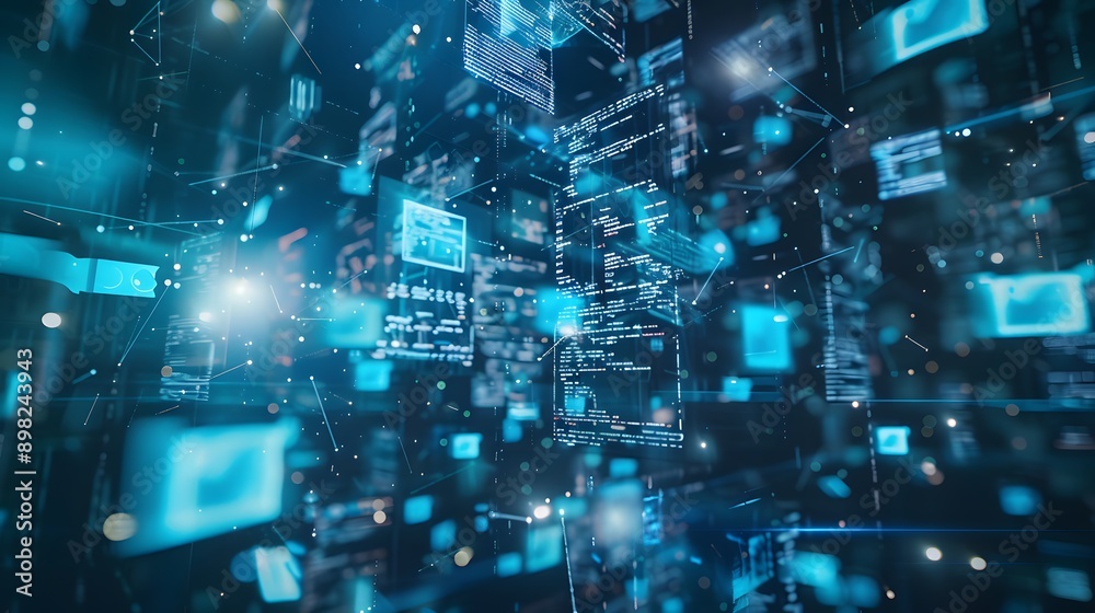 Poster a futuristic file-sharing platform with holographic documents being accessed and collaborated on in 