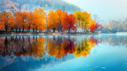 Vibrant abstract of a tranquil lake reflecting colorful autumn trees, first day of fall serenity