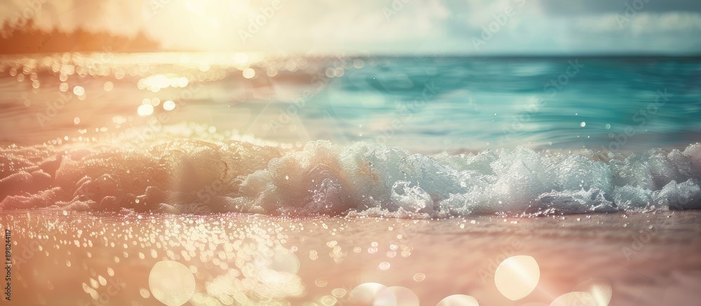 Poster abstract background of a blurred tropical beach illuminated by bokeh sunlight waves ideal for promot