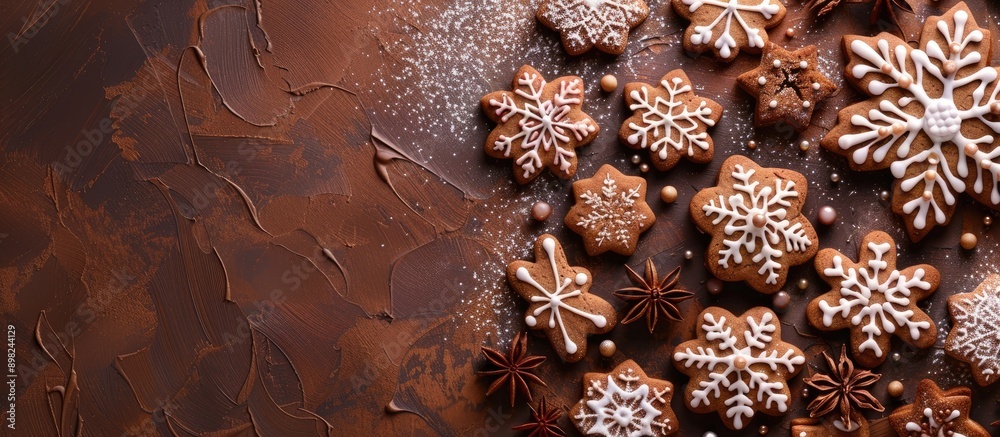 Poster top view of christmas gingerbread snowflake cake cookies and biscuits for decorations in a flat lay 