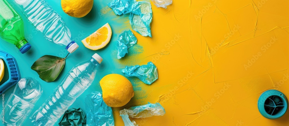 Poster flat lay showcasing the concept of recycling plastic with a designated copy space image
