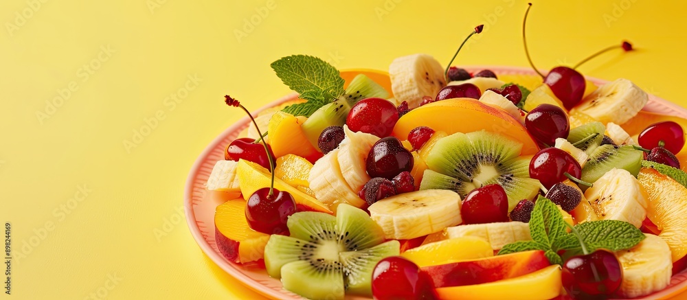 Poster banana kiwi peach cherry and blackcurrant summer fruit salad on a plate against a yellow backdrop wi