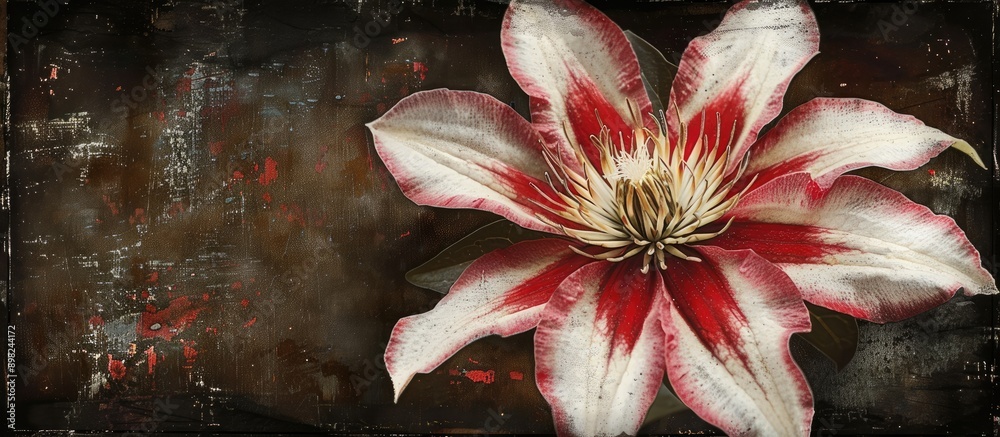 Poster detailed vintage style painting with a single red and white clematis flower s center as the subject 