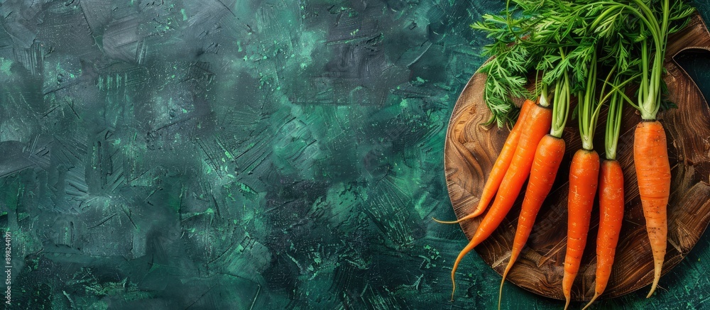 Poster carrots on a wooden board against a textured green backdrop with copy space image