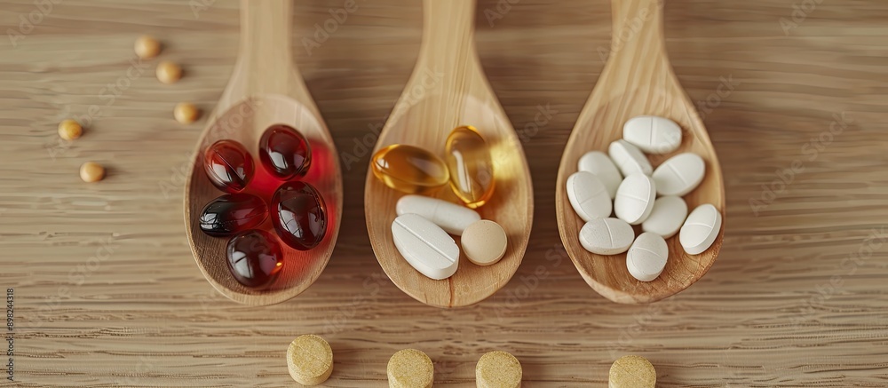 Aufkleber Close up of various dietary supplements arranged near products on a wooden spoon with an empty area for text in the background. Creative banner. Copyspace image