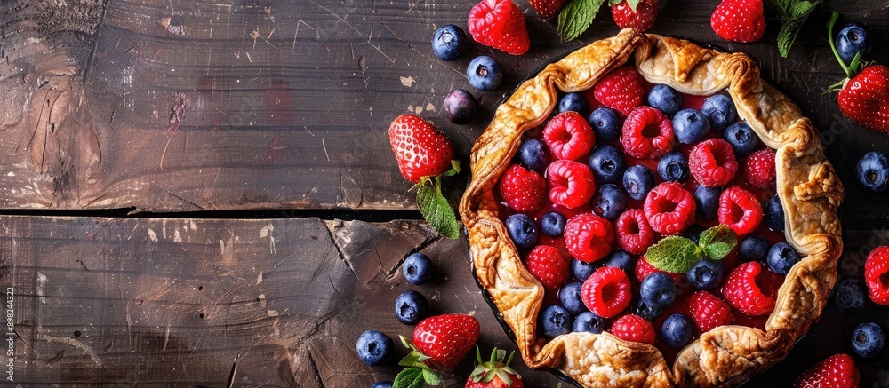 Poster Delicious galette featuring a variety of fresh berries on a rustic table with a blank copy space image