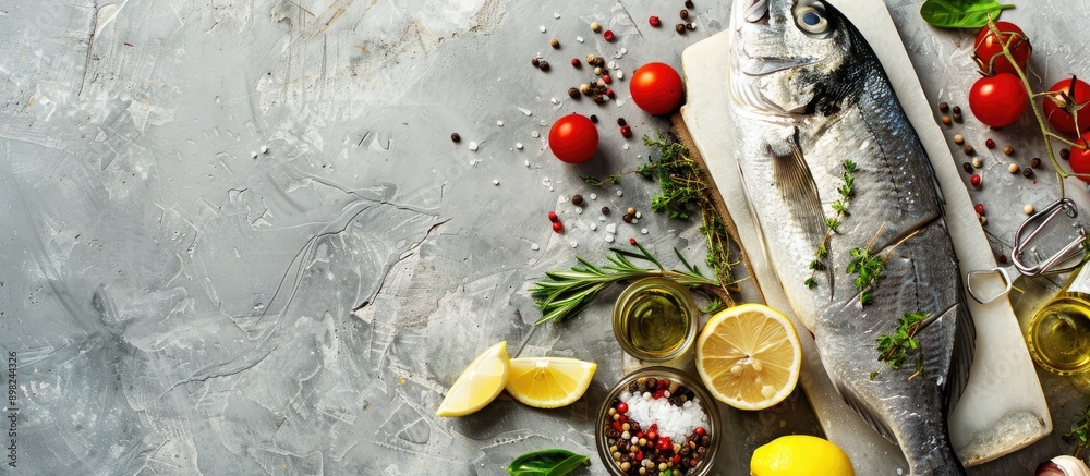 Poster dorado fish displayed on a cutting board atop a white stone table surrounded by cooking ingredients 