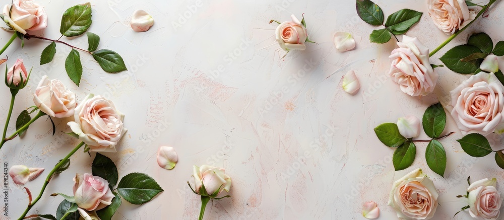 Poster copy space image featuring a flat lay top view of a composition crafted from roses and decorative el
