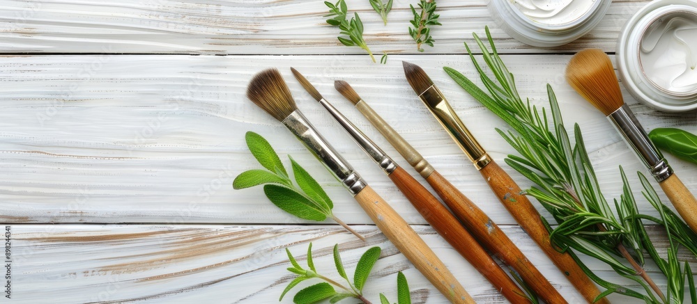 Poster top down view of paint brushes herbs painting and a picture on a white wooden background offers ampl