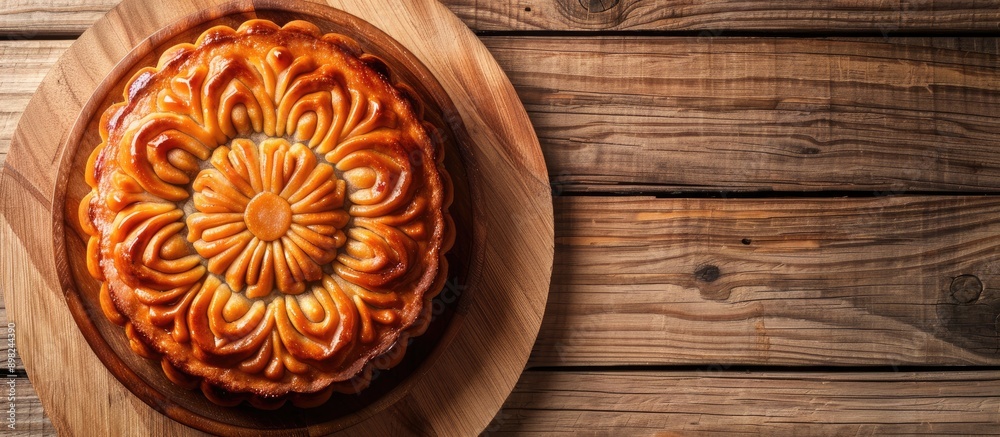Poster close up of a mooncake on a wooden table background perfect for copy space image with traditional ch