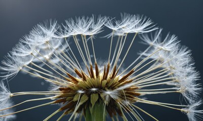 Dandelion seeds, close-up view with a blurred blue background