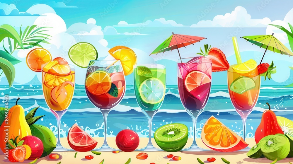Poster a row of six colorful cocktails with fruit garnishes and umbrellas rests on a sandy beach with ocean