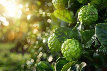 Fototapeta premium Close-up of kaffir lime fruits. Perfect for showcasing the vibrant color of this unique citrus.