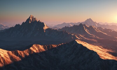 Aerial view of a mountain range bathed in the golden light of sunrise