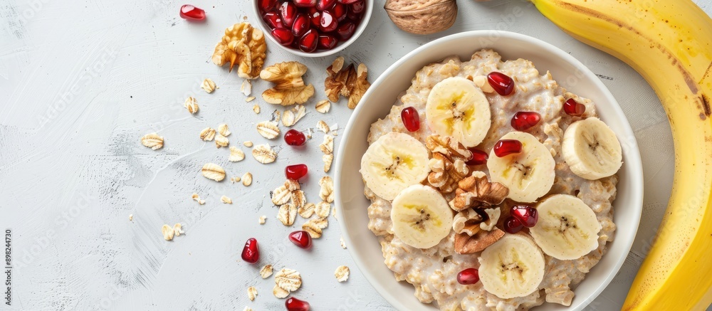 Poster flat lay composition of a nutritious breakfast featuring oatmeal topped with nuts pomegranate seeds 