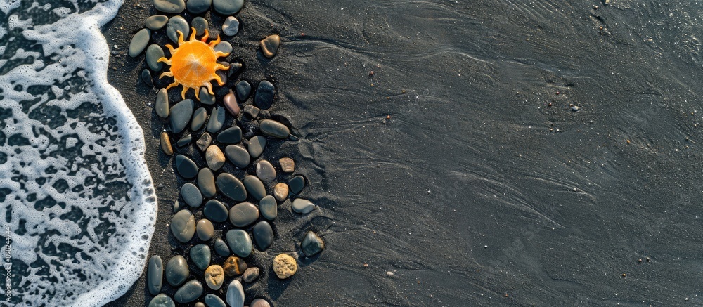 Aufkleber a view from above featuring black sandy beach with a sun shaped arrangement of pebbles creating a sc