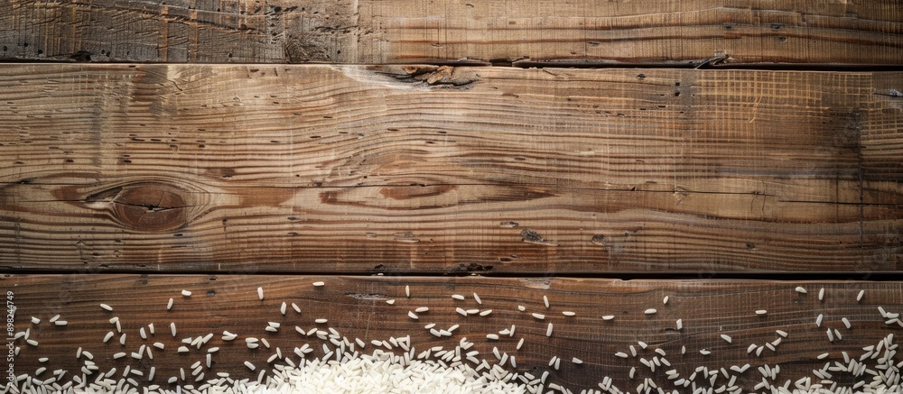 Poster close up shot of rice arranged on wooden floor panels with copy space image