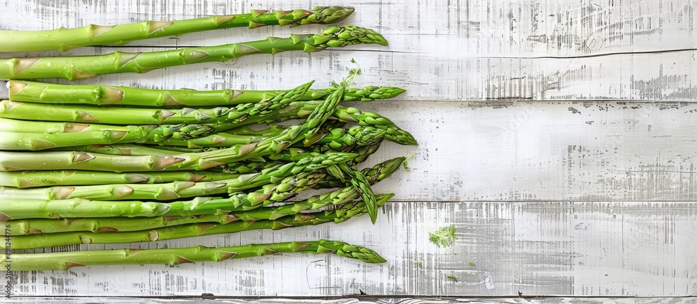 Leinwandbilder close up top view photo of a bunch of fresh asparagus on a white and grey wooden background with emp