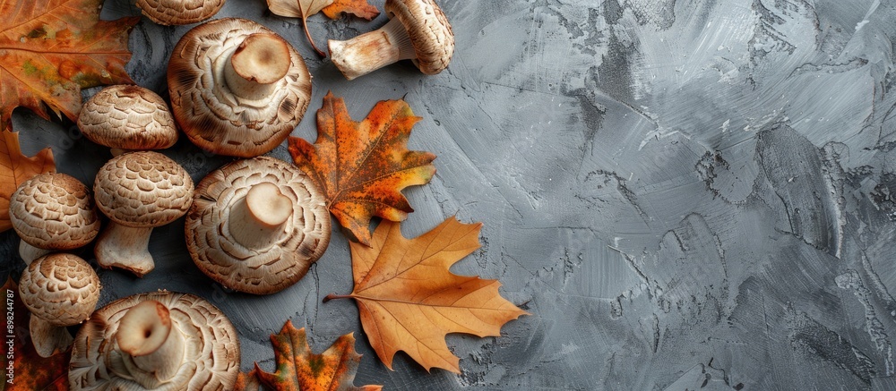 Poster Top down view on brown champignon mushrooms and oak leaves on a grey surface capturing a fall ambience with copy space image available