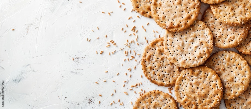 Aufkleber Circular diet crispbreads on a white backdrop Circular whole grain crackers yeast free healthy option Ideal for text copy space image