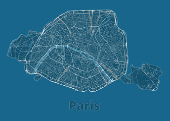 Paris, France artistic blueprint map poster