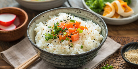 boiled rice with vegetables. Japanese style breakfast