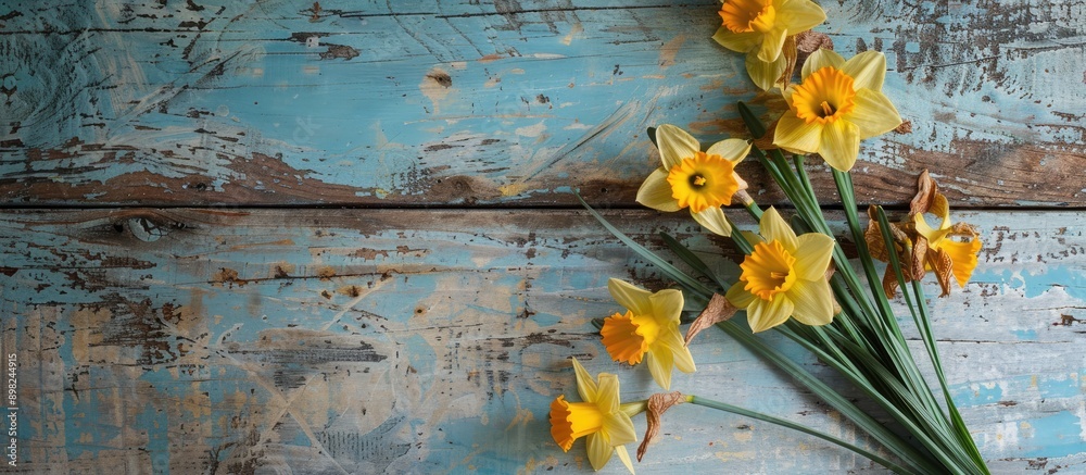 Poster Daffodil flowers both fresh and dried arranged on a weathered wooden table with a rustic background for a copy space image
