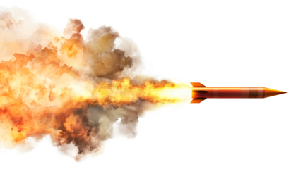 A missile rocket with fire trail isolated on transparent white background, clipping path