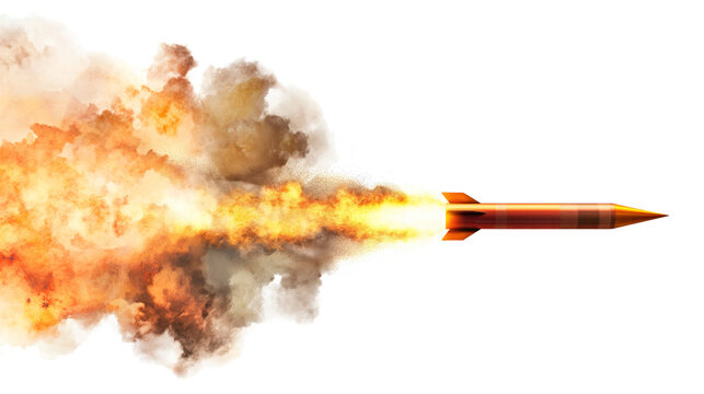 A missile rocket with fire trail isolated on transparent white background, clipping path