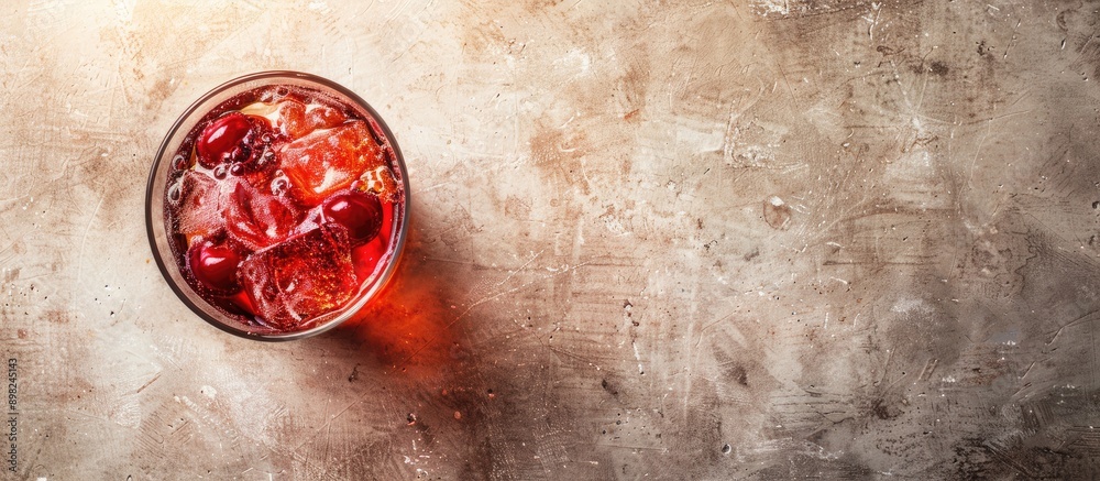 Poster cherry cocktail with ice on a light surface seen from above featuring a spacious area for text or im