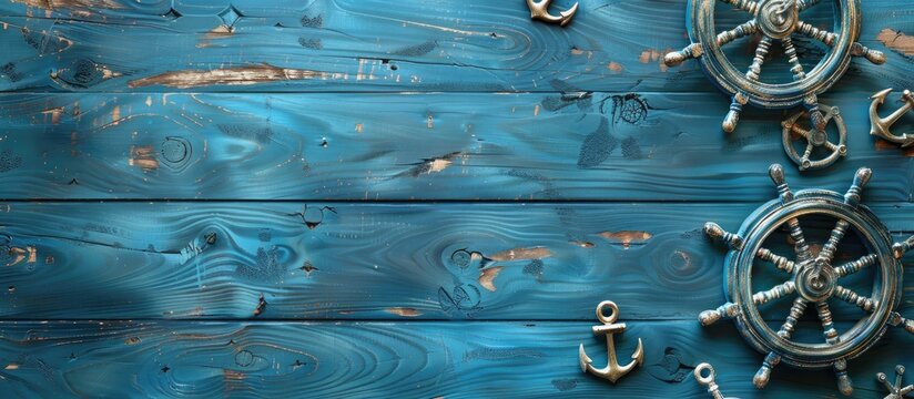Top down view of blue wooden planks adorned with decorative anchors and steering wheels creating a nautical theme with space for text in the image. Creative banner. Copyspace image