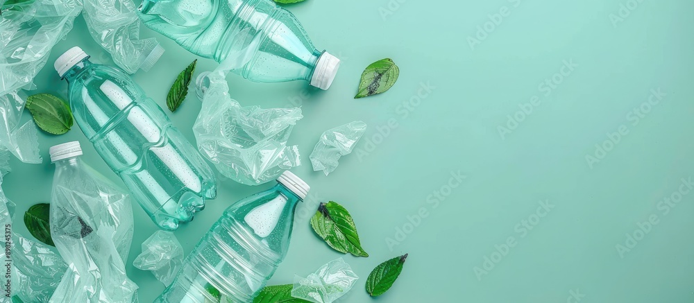 Poster flat lay showcasing the concept of recycling plastic with a designated copy space image