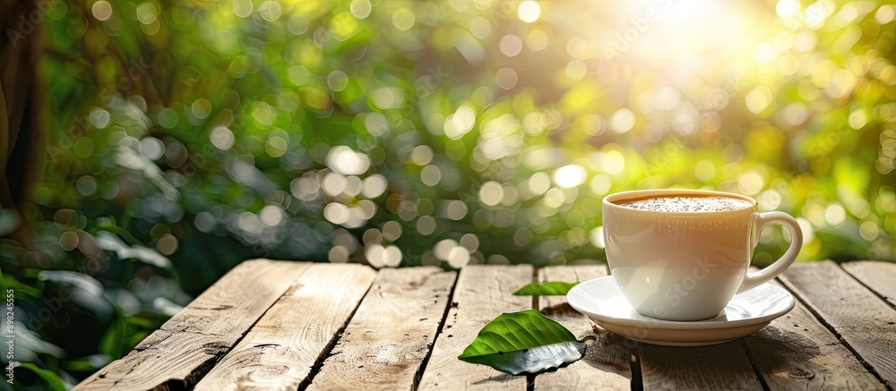Aufkleber Coffee cup on a wooden table outdoors set against a natural background in the garden suitable for text placement in the image. Creative banner. Copyspace image