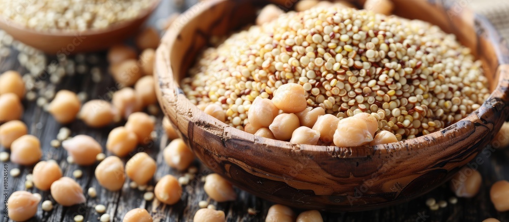 Poster a close up image featuring a superfood recipe background with quinoa and chickpeas perfect for a cop