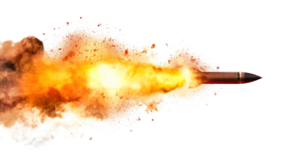 A missile rocket with fire trail isolated on transparent white background, clipping path