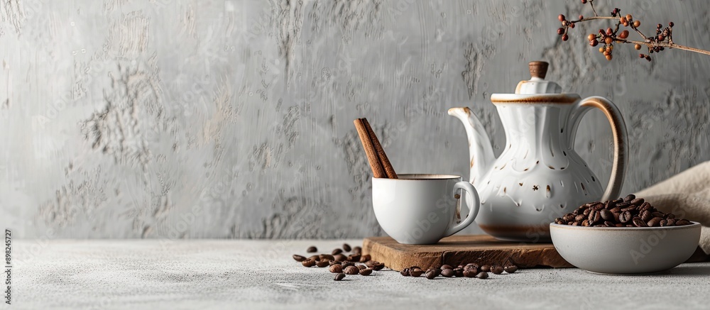 Poster Coffee cup displayed with cinnamon teapot and coffee beans on a neutral grey background with ample copy space image