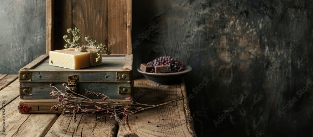 Poster artisan soap displayed in a vintage box with copy space image