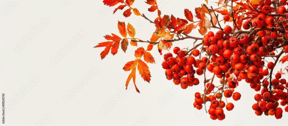 Poster Autumn branch of a rowan tree adorned with vibrant red berries perfect for a copy space image