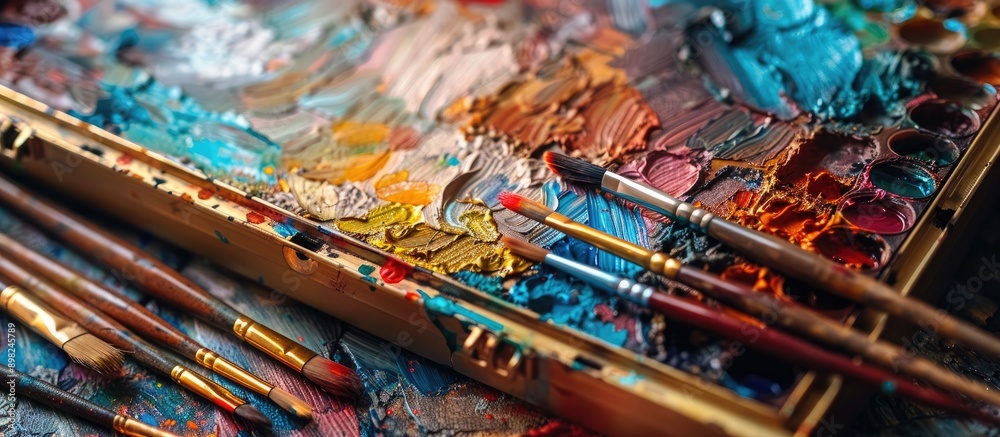 Poster close up image featuring a gold case containing watercolor paints and various paintbrushes ideal for
