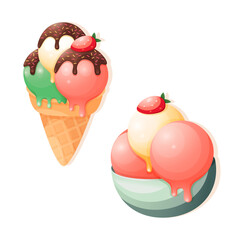 Vector cute cartoon ice cream with colorful cream balls and strawberry clipart design. Cute sweet food ice cream poster art design