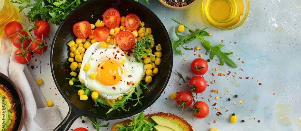 Poster Top down view of a nutritious breakfast cooked in a pan featuring eggs tomatoes corn and vegetables alongside avocado toast on a bright background with space for text or images. Creative banner